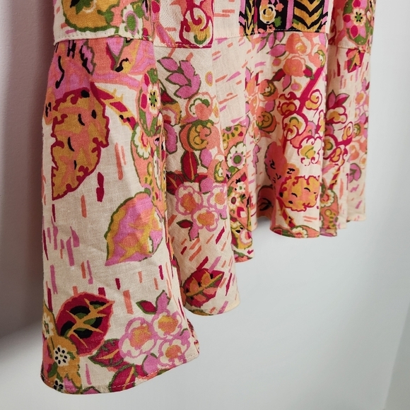 Free People Linen Pink/Cream Floral Print Ruffled Hem Tunic/Mini Dress Size L - Picture 7 of 12